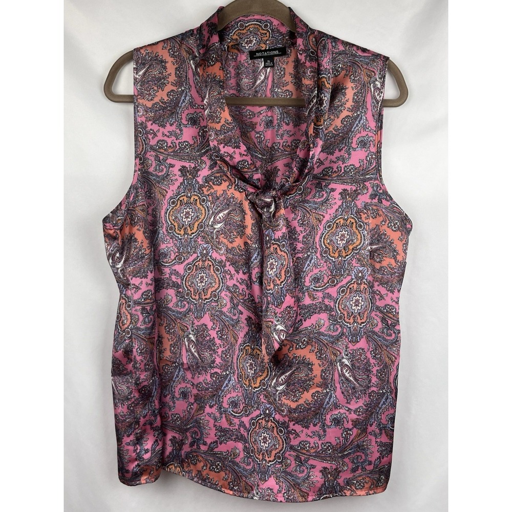 Notations XL Pink Paisley Career‎ Tie Neck Blouse Retro Barbie Shiny Satin Look